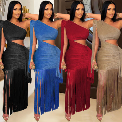 Fashionable Womens Sexy Casual One-Shoulder Tassel Dress