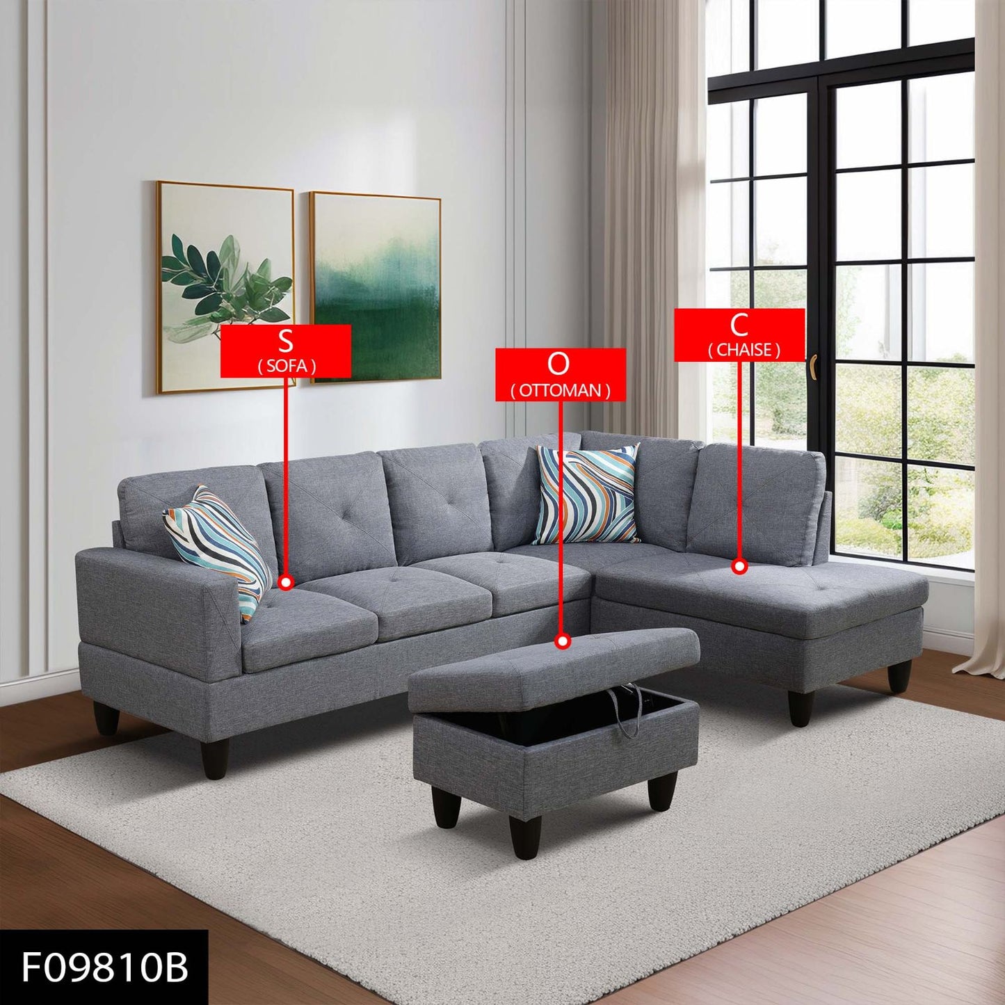 Pickup Only--66.5 Grey Linen 3-Piece Living Room Sofa Set