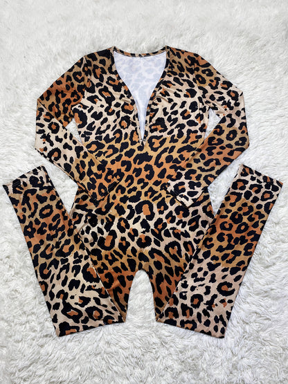Casual Leopard Print Printed Long-sleeved Trousers Home Jumpsuit