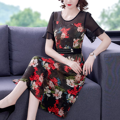 Printed Dress Women's Summer New Korean Round Neck Stitching Floral Waist Slim Over Knee Mid Length Fashion
