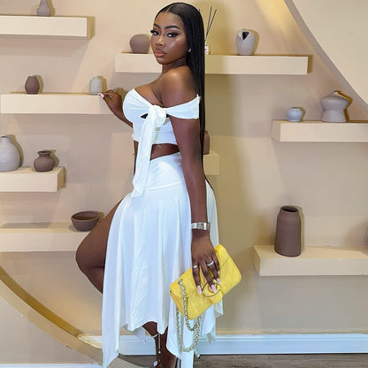 Womens Dress Set Sleeveless One-Shoulder Top With Flutter Sleeves And A Slit Skirt
