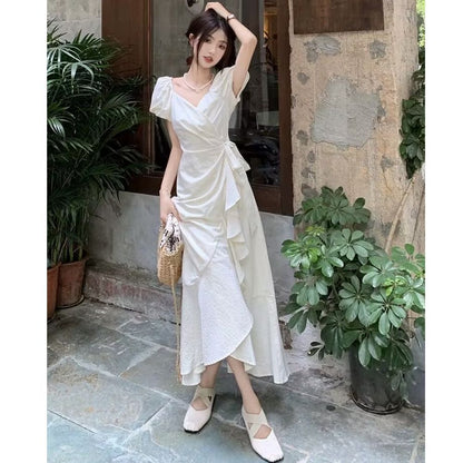 Women's White V Neck Lace Up Short Sleeve Dress