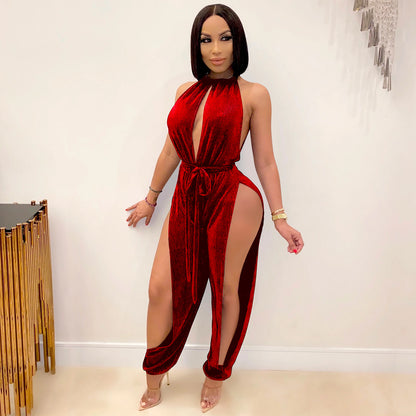 Lace-up Stretch Split Women's Jumpsuit
