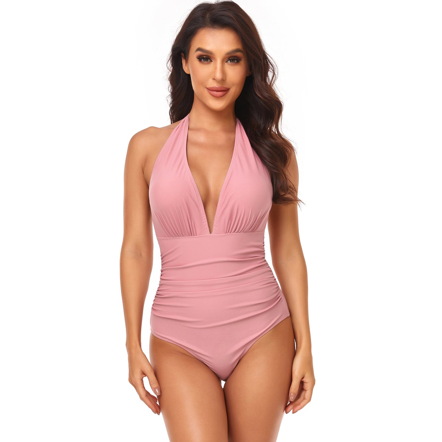 Women's Fashion Pump Pleated Neck Solid Color One-piece Swimsuit