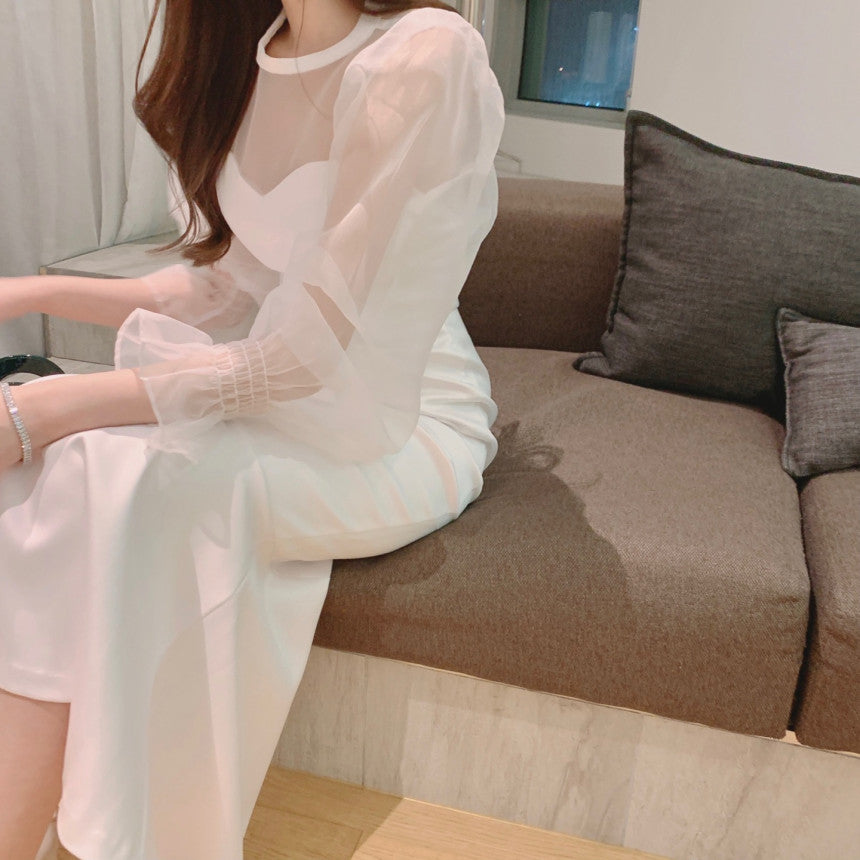 Stitched Puff Sleeve Fishtail Women's Midi Dress