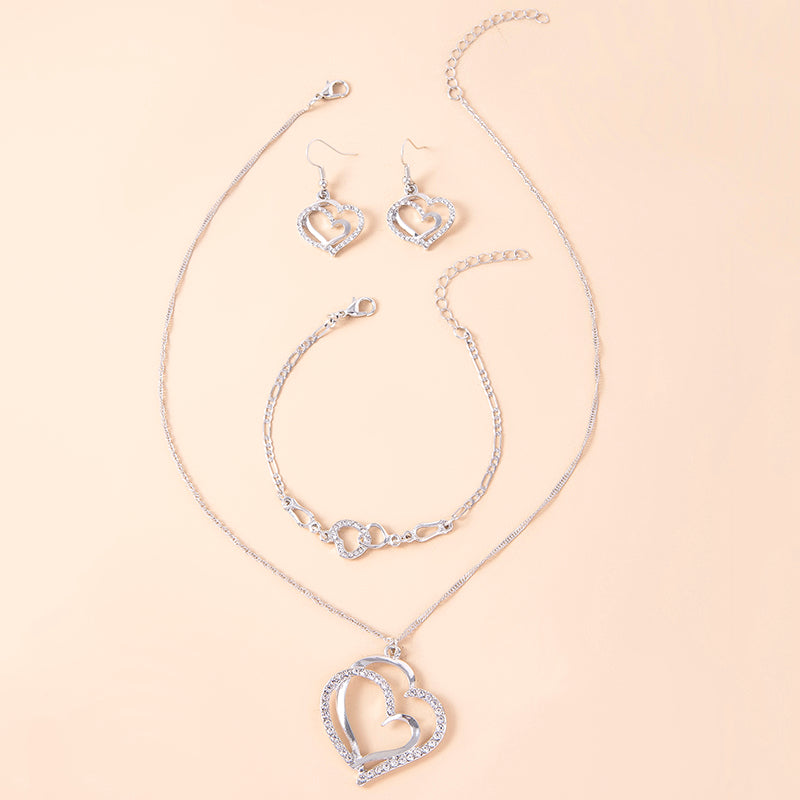 Romantic Crystal Heart Jewelry Set Bracelet Necklace Earrings For Women