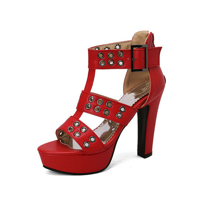 Peep-Toe Chunky Heel Ultra-High Heel Hollow-Out Back Zip High-Heel Sandals Leather Strap Buckle Ankle Boots