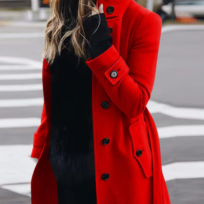 Autumn Winter New Woolen Coat Women's Slim Fit Cardigan Large Coat Women Long Sleeve Single Breasted Stand Collar Woolen Coat