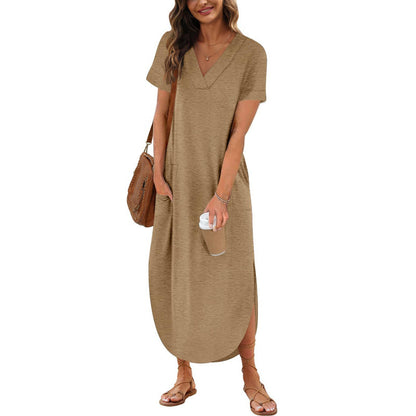 Loose  Casual Short-Sleeve V-Neck Split Dress For Women