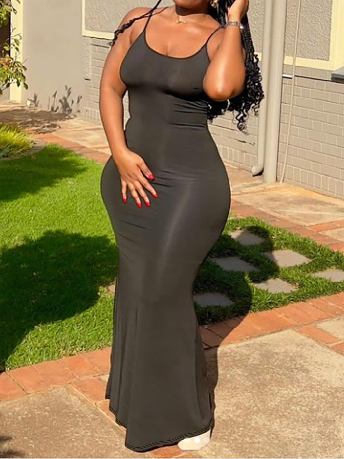 Fashionable And Trendy Knitted Solid Color Spaghetti Strap Maxi Dress