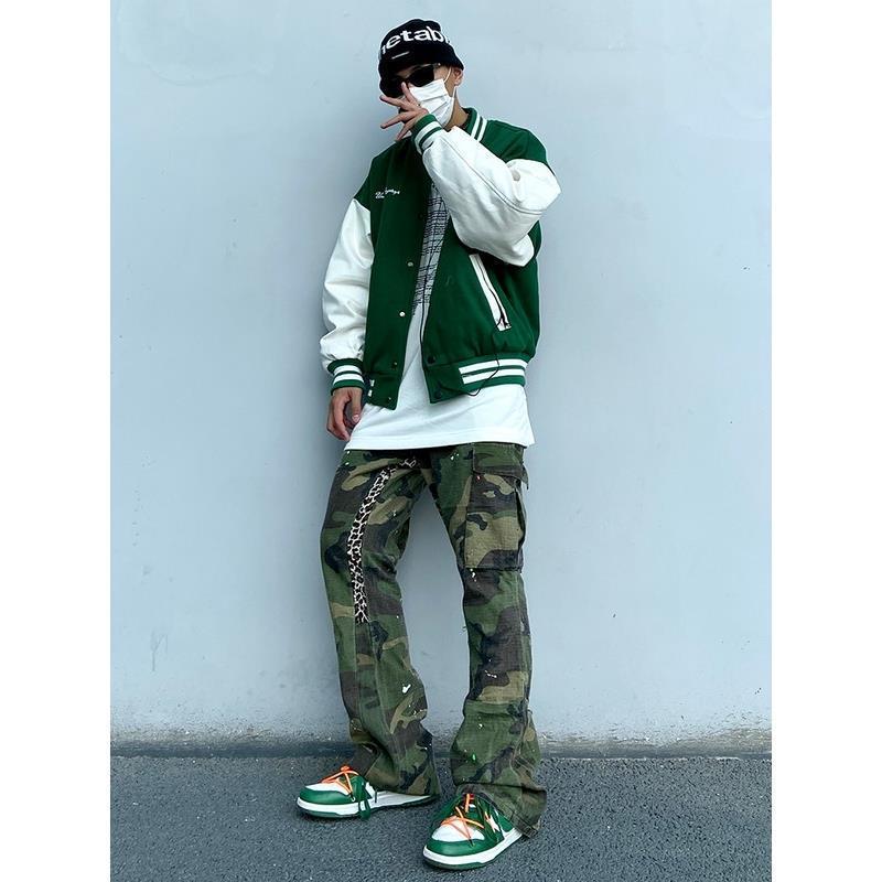 American Retro Contrast Color Baseball Uniform PU Leather Sleeve Jacket