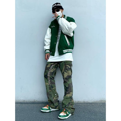 American Retro Contrast Color Baseball Uniform PU Leather Sleeve Jacket