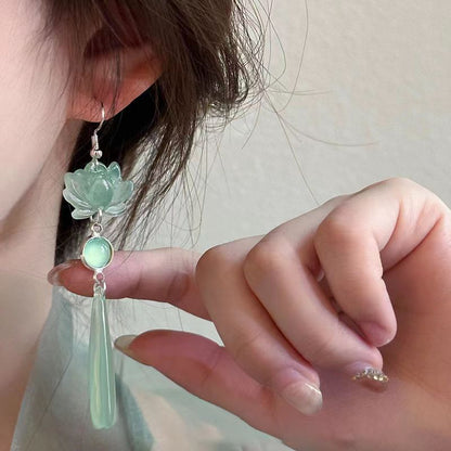 Step-by-Step Lotus Elegance New Chinese-Style Long Waterdrop Earrings With Lotus Cats-Eye Gemstones