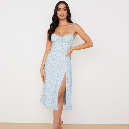 Ins French Temperament Retro Floral Dress Female Summer All-match Thin Waist Split Lace Sleeveless Suspender Skirt