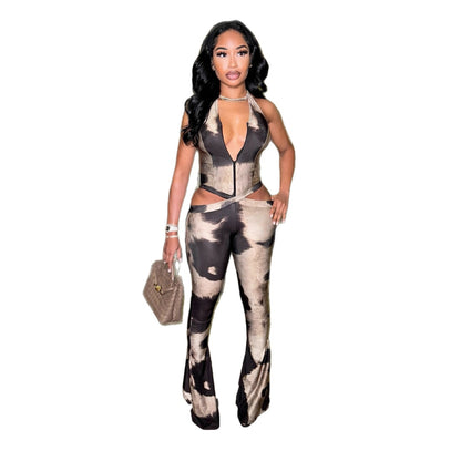Women's Fashionable Sexy V-Neck Halter Neck Sleeveless Hollow-Out Jumpsuit