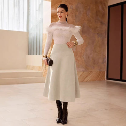 Fashionable Solid-Color Faux Suede Elegant Skirt
