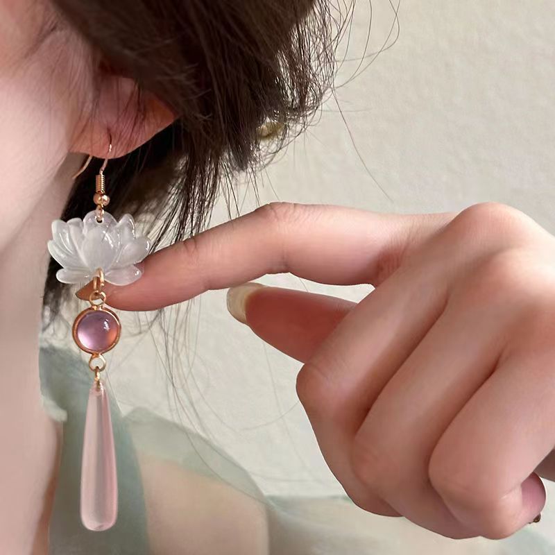 Step-by-Step Lotus Elegance New Chinese-Style Long Waterdrop Earrings With Lotus Cats-Eye Gemstones