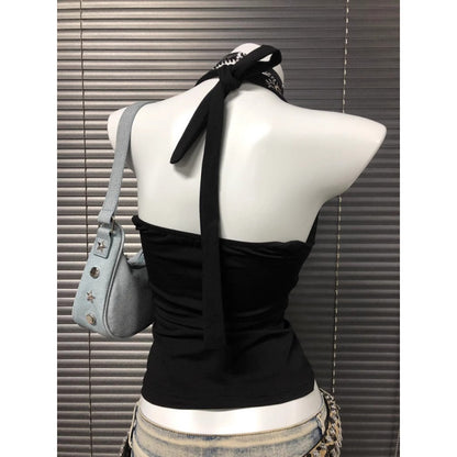 Niche Black V-Neck Embroidered Halter Backless Sophisticated Vintage Top