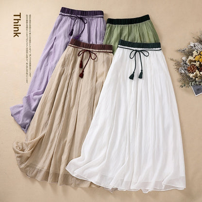 Solid-color Elastic-waist A-line Midi Skirt