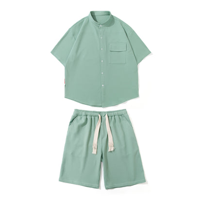 Men's Ice Silk Hanging Suit Men's Solid Color Short-sleeved Shirt Draw Rope Shorts Two-piece Men's