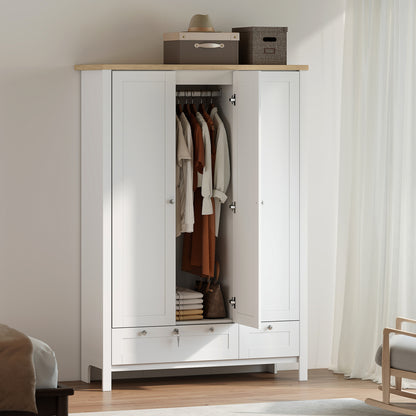 3 Doors Wardrobe Closet with 2 Drawers, Bedroom Armoire with Lockable Drawer, Hanging Rod and Storage Shelves, White