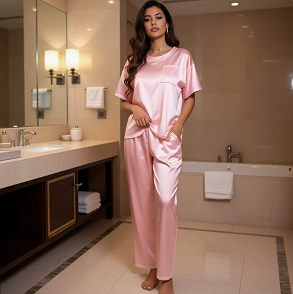 Amazon Ice Silk Pajamas Women's Summer Short-Sleeve Long-Pants Loungewear Loose Casual Set