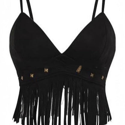 Womens Fringed Sleeveless Spaghetti-Strap Faux Suede Vintage Top