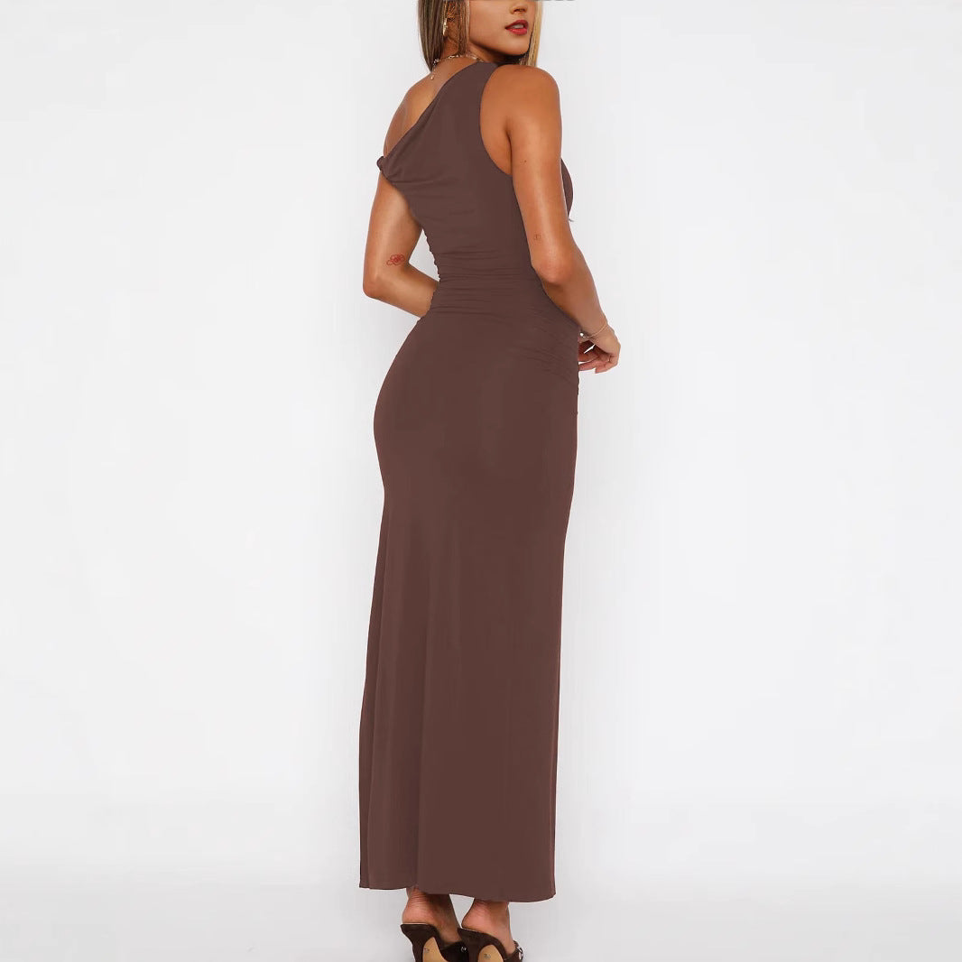 New One-shoulder Diagonal Collar Dress Sleeveless Lace-up