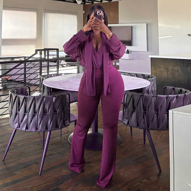 Mesh Ribbon Top With Long Sleeves And Flared Pants A Sassy Two-piece Set