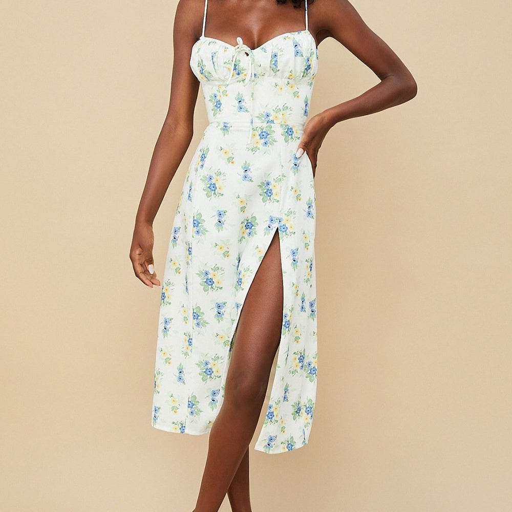 Ins French Temperament Retro Floral Dress Female Summer All-match Thin Waist Split Lace Sleeveless Suspender Skirt