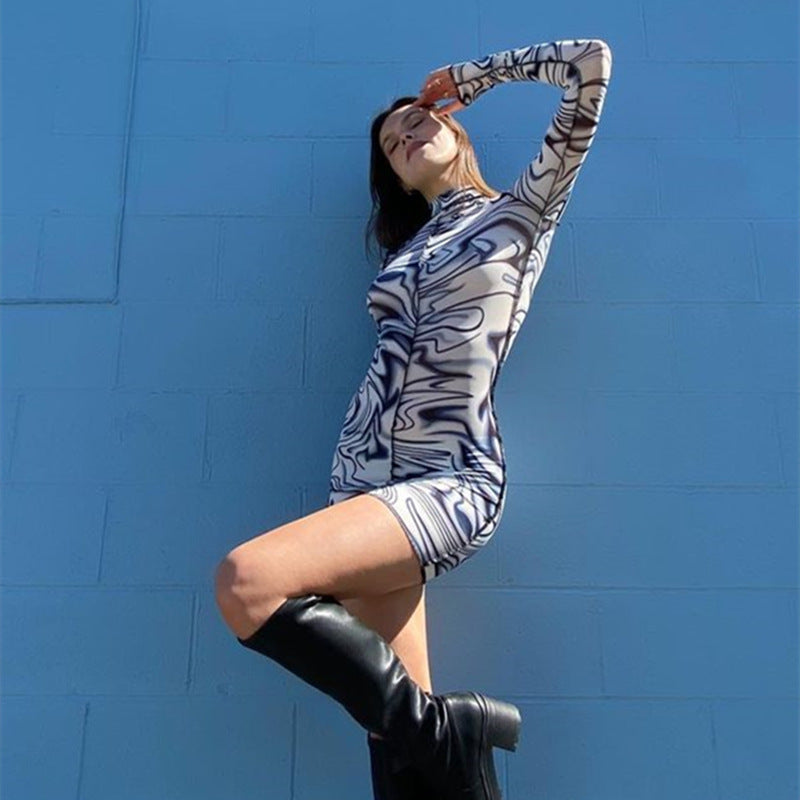 Women's Mid Neck Printed Long Sleeve Slim Fit Hip Short Dress