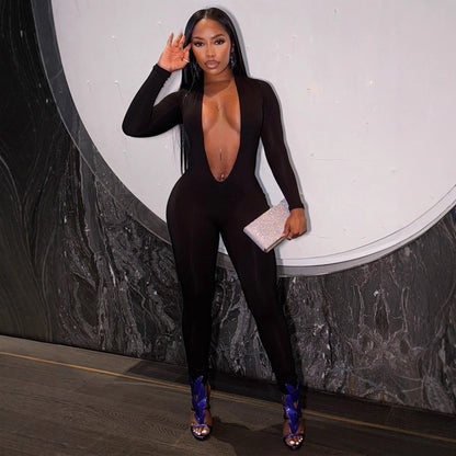 Fashionable Figure-hugging Sexy Stretchy Solid-color Jumpsuit