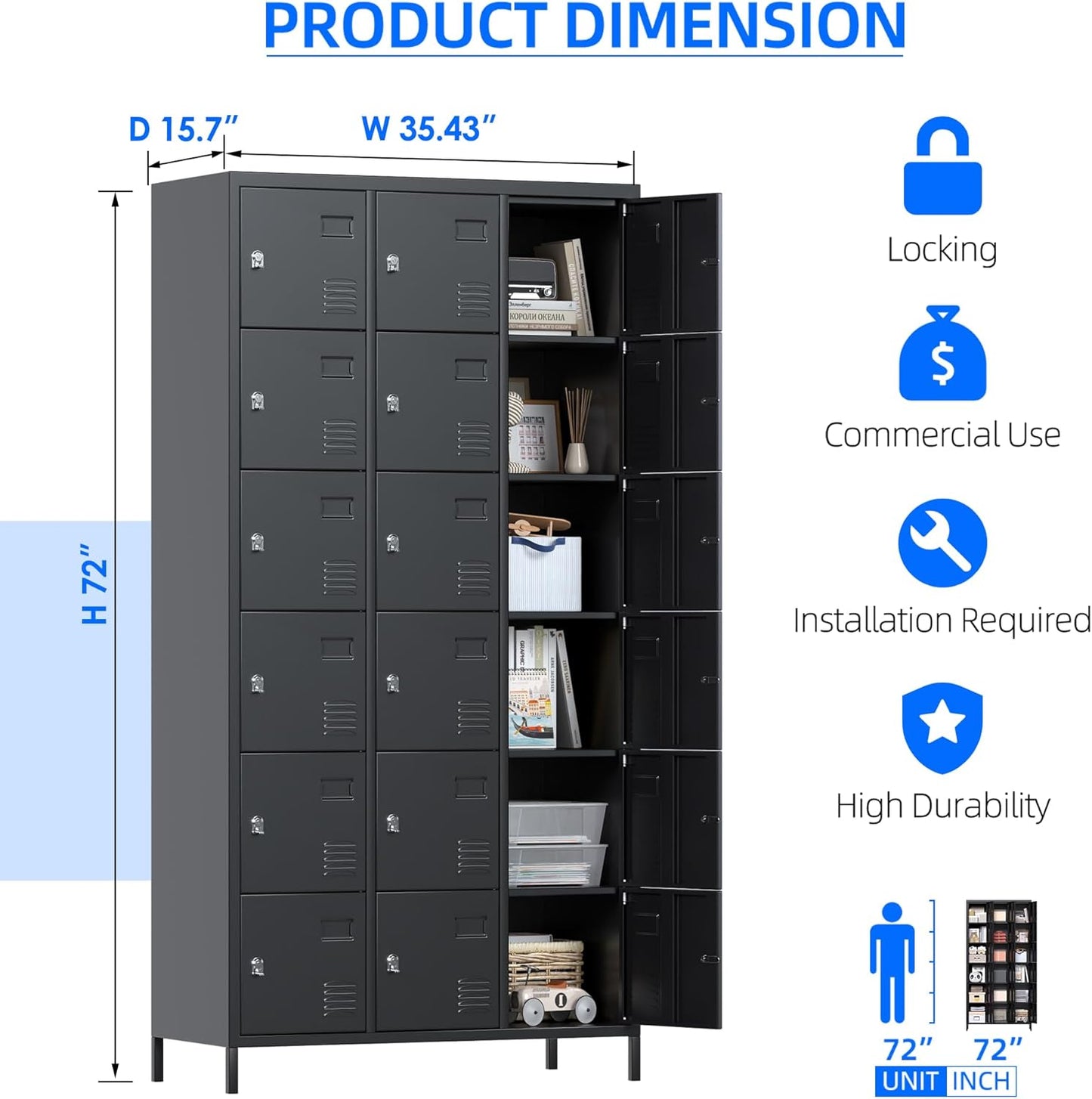 METAN Metal Locker For School Office Gym Bedroom, 18 Doors Black Steel Storage Locker Cabinet For Employees, Industrial Storage Locker, Assembly Required 18 Door-Black