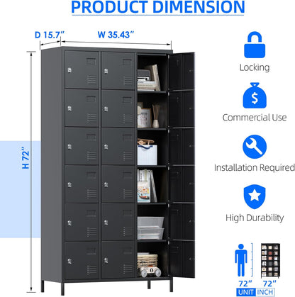 METAN Metal Locker For School Office Gym Bedroom, 18 Doors Black Steel Storage Locker Cabinet For Employees, Industrial Storage Locker, Assembly Required 18 Door-Black