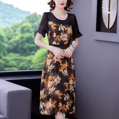 Printed Dress Women's Summer New Korean Round Neck Stitching Floral Waist Slim Over Knee Mid Length Fashion