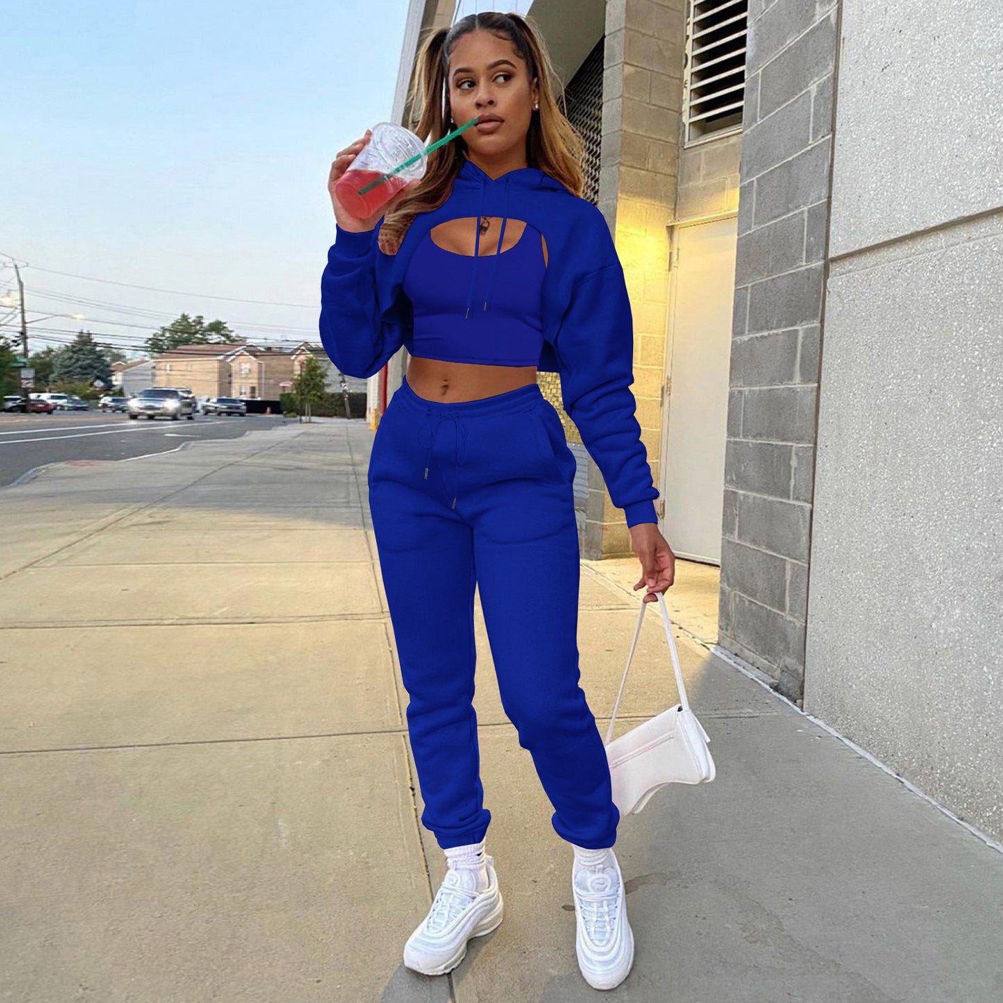 Three-piece Solid Color Hooded Sweatshirt Long-sleeved Drawstring Trousers Vest