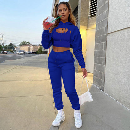 Three-piece Solid Color Hooded Sweatshirt Long-sleeved Drawstring Trousers Vest