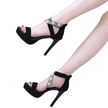 Rhinestone All-Match Cross-Strap High Heels