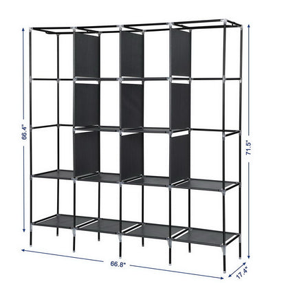 67 Inch Clothes Closet Portable Wardrobe Clothes Storage Rack 12 Shelves 4 Side Pockets Gray