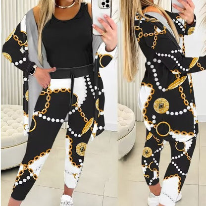 Women's Casual Printing Suit Fashion Stripes Three-piece Suit