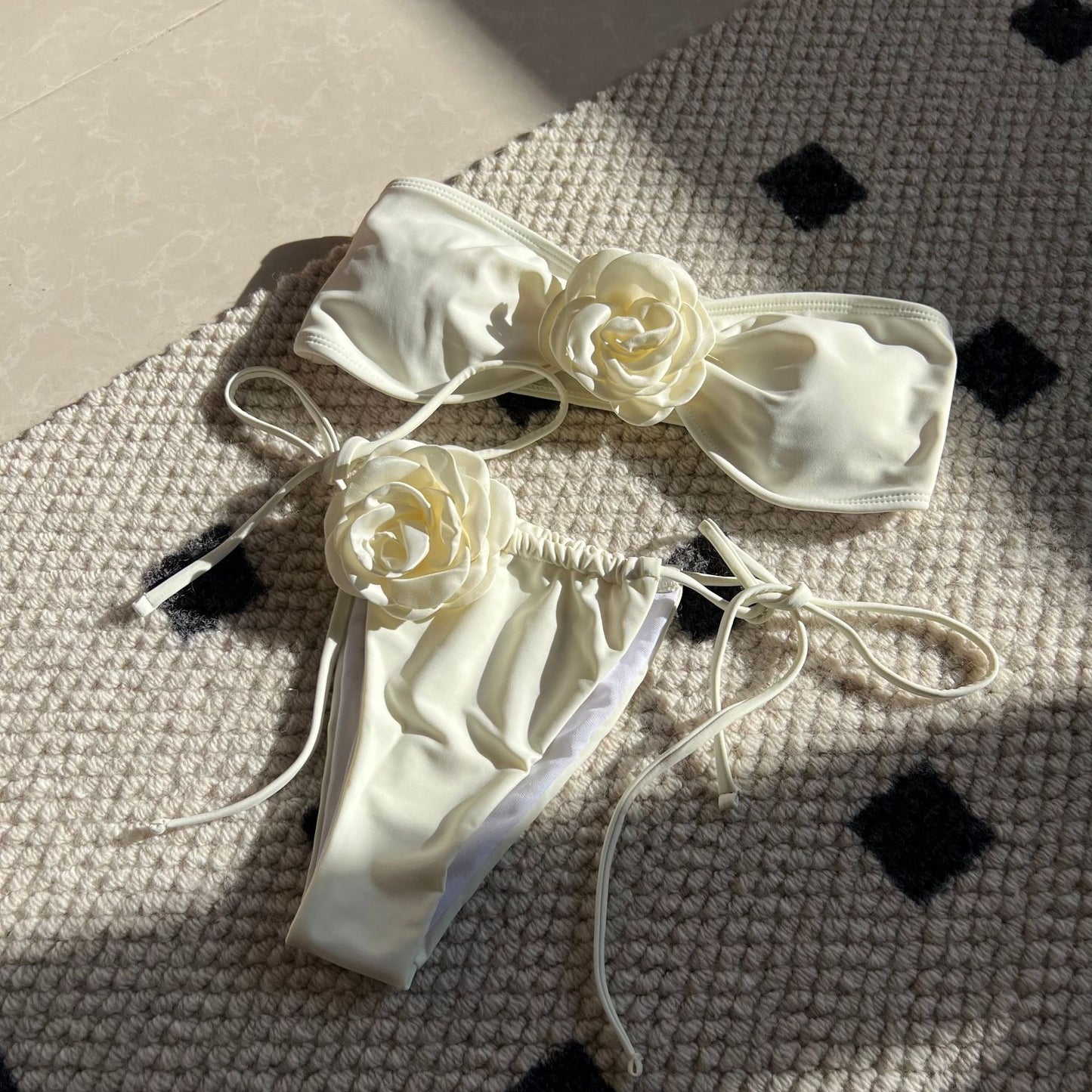 New Solid Color Rose Tube Top Drawstring Strap Split Swimsuit