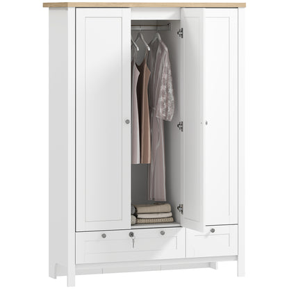 3 Doors Wardrobe Closet with 2 Drawers, Bedroom Armoire with Lockable Drawer, Hanging Rod and Storage Shelves, White