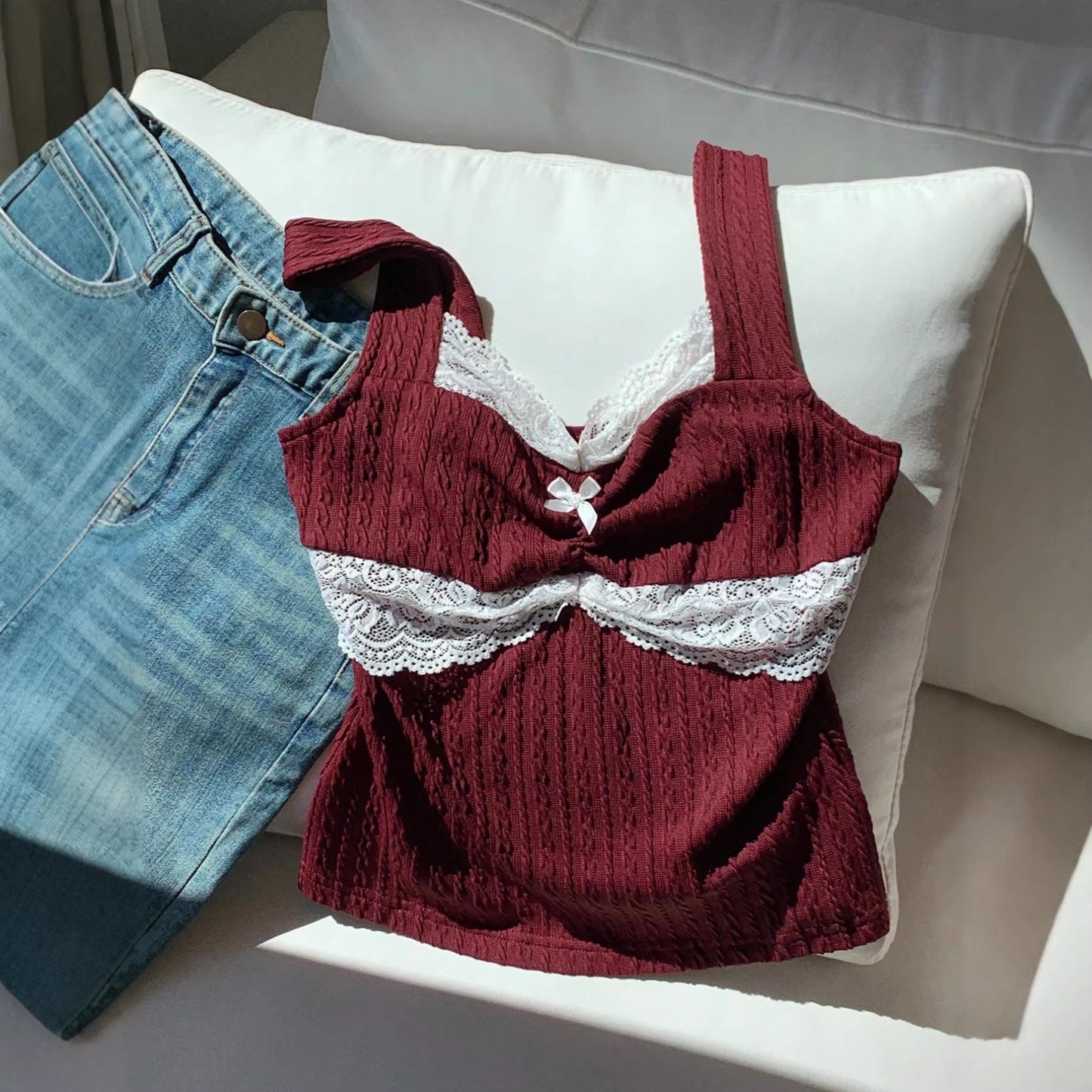 Womens Lace-trimmed Bow-decorated Vest-style Waistcoat Slim-fit Outerwear Top