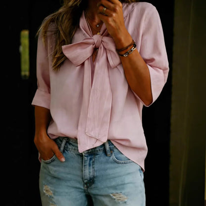 V-neck Bow-knot Loose-fit Three-quarter Sleeve Womens Top