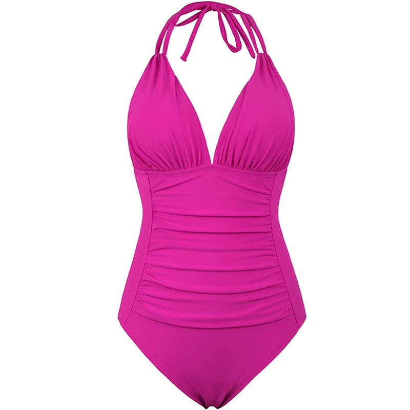 Multi-colored Ruffled Trim Figure-hugging Backless One-piece Swimsuit