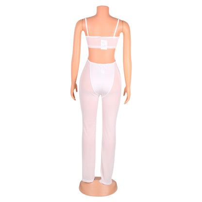 Sexy Mesh See-Through Suspenders Flared Pants