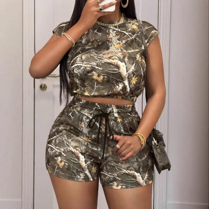 Women's Loose Casual Drawstring Branch Camouflage Printing Shorts
