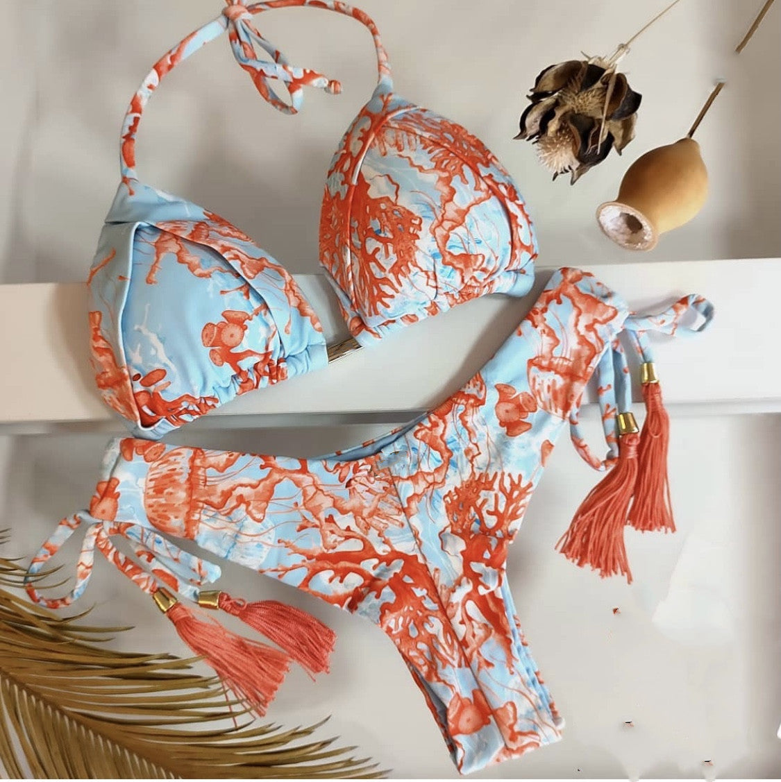 Printed Lace Up Two Piece Swimsuit