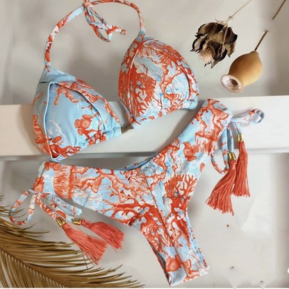 Printed Lace Up Two Piece Swimsuit