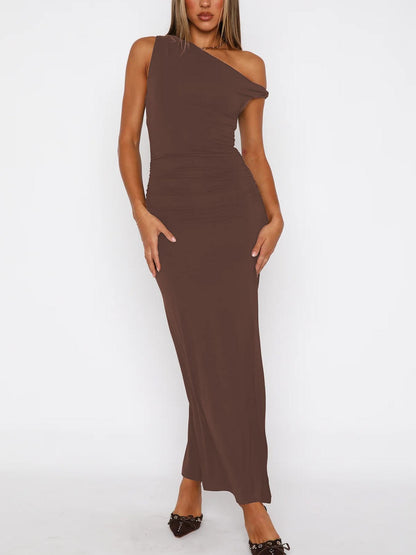 New One-shoulder Diagonal Collar Dress Sleeveless Lace-up